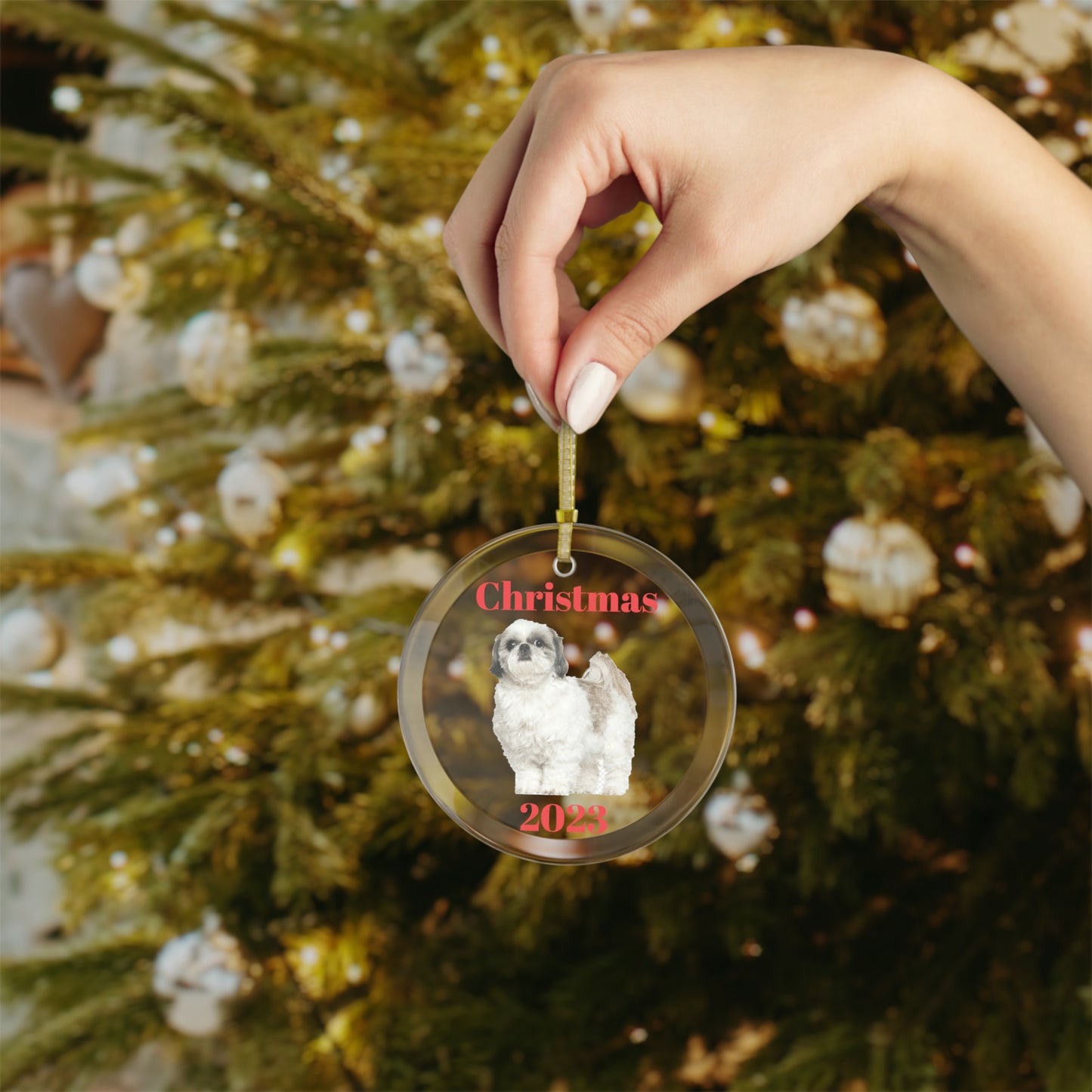 Shih Tzu Christmas 2023 Glass Ornament