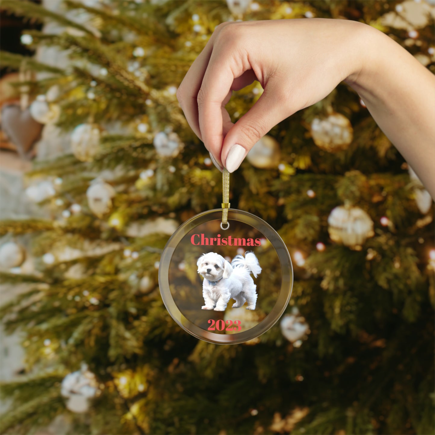 Maltese Christmas 2023 Glass Ornament