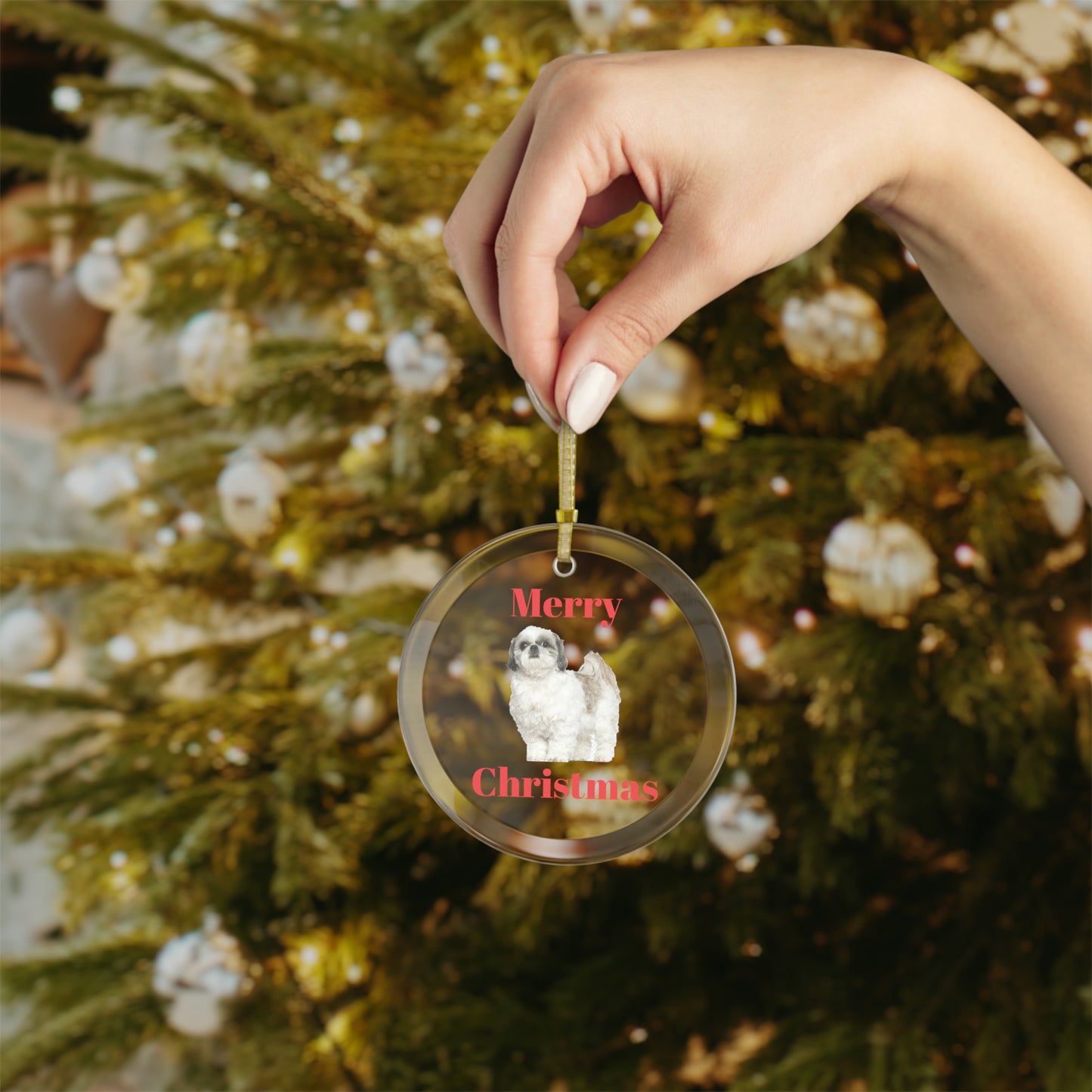 Shih Tzu Merry Christmas Glass Ornament