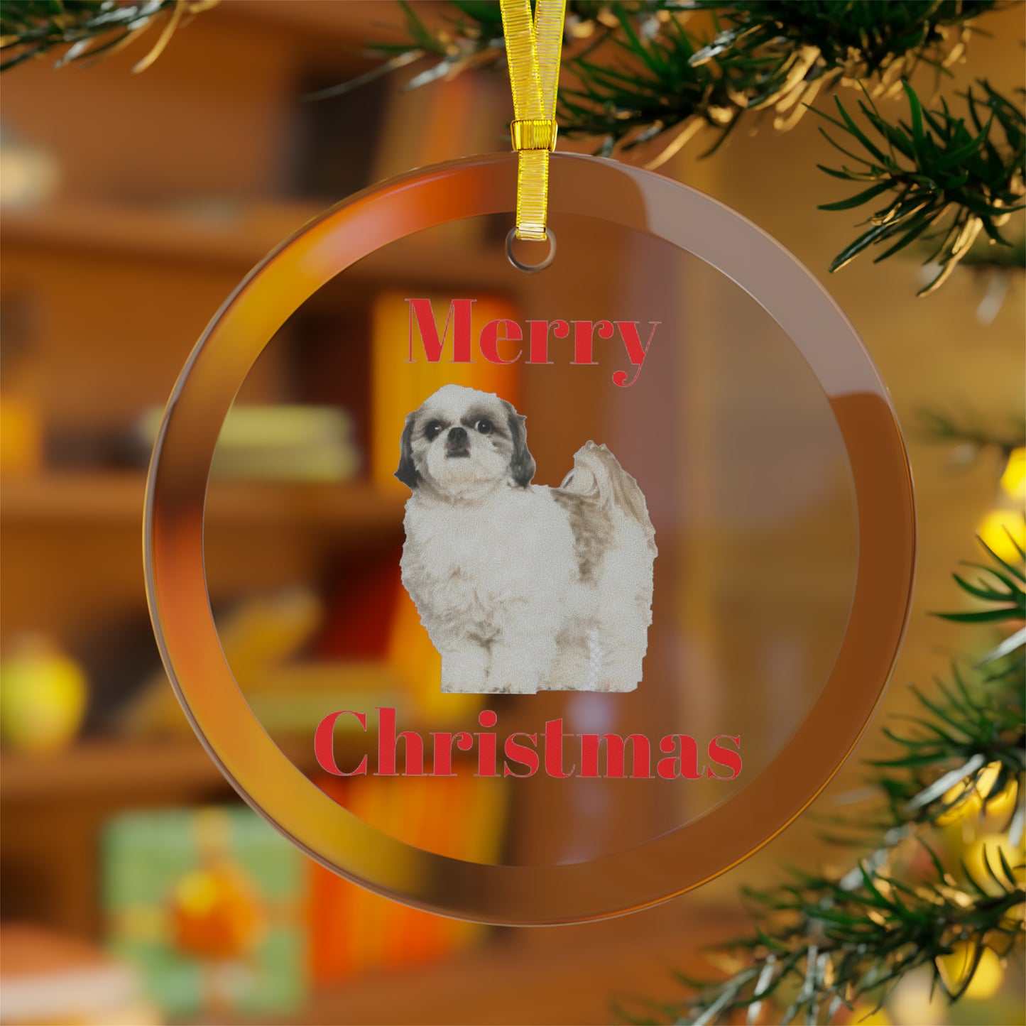 Shih Tzu Merry Christmas Glass Ornament