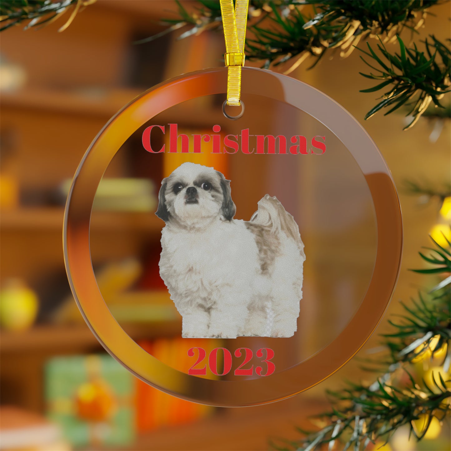 Shih Tzu Christmas 2023 Glass Ornament